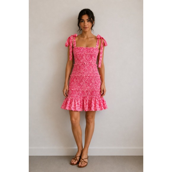 Chic Me Dresses & Skirts - ChcMe Pink Floral Smocked Mini Dress Small Tie Shoulder Coquette Cottagecore 🌸